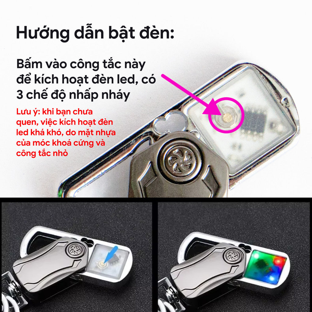 Móc Khóa Xe Máy & Ô Tô Xoay 360° – Có Đèn LED 3 Chế Độ Sáng, Hợp Kim Kẽm Cao Cấp, Đa Năng & Bền Bỉ