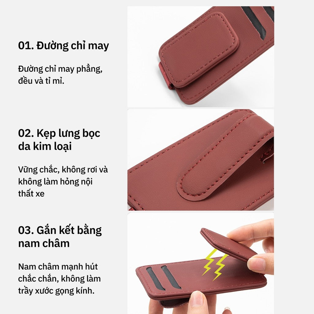 Kẹp Kính Xe Hơi Đa Năng 2 Khe Thẻ Da Cao Cấp