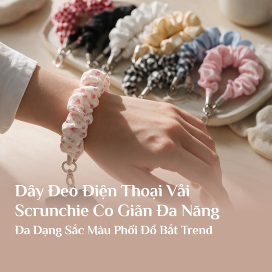 Dây Đeo Điện Thoại Vải Scrunchie Co Giãn Đa Năng Kèm Miếng Đệm Móc Chống Rơi Vỡ