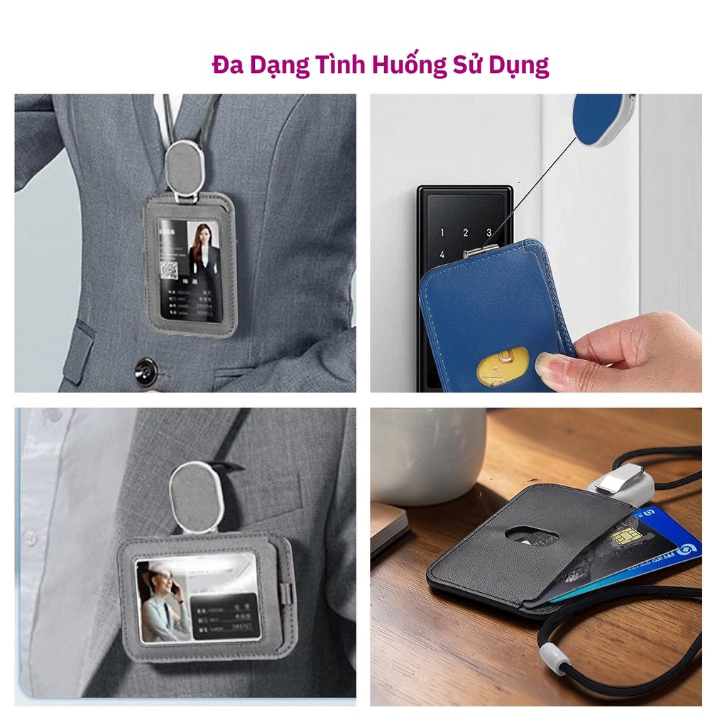 Bao Thẻ Tên Nhân Viên Da PU Cao Cấp Có Dây Rút Thông Minh - Xoay Ngang Dọc 2 Mặt Tiện Lợi