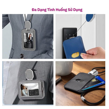 Bao Thẻ Tên Nhân Viên Da PU Cao Cấp Có Dây Rút Thông Minh - Xoay Ngang Dọc 2 Mặt Tiện Lợi