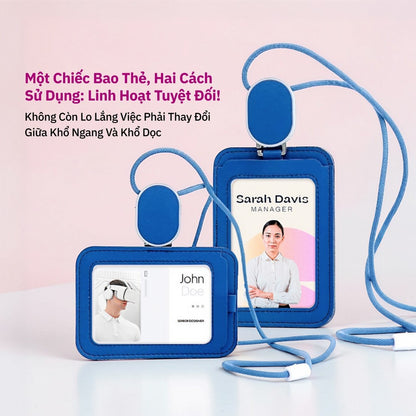 Bao Thẻ Tên Nhân Viên Da PU Cao Cấp Có Dây Rút Thông Minh - Xoay Ngang Dọc 2 Mặt Tiện Lợi