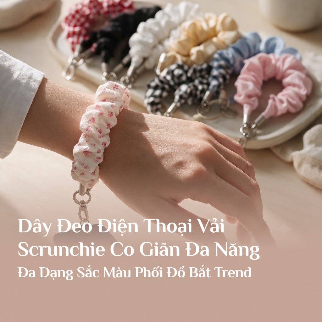 Dây Đeo Điện Thoại Vải Scrunchie Co Giãn Đa Năng Kèm Miếng Đệm Móc Chống Rơi Vỡ