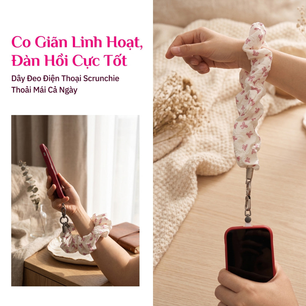 Dây Đeo Điện Thoại Vải Scrunchie Co Giãn Đa Năng Kèm Miếng Đệm Móc Chống Rơi Vỡ
