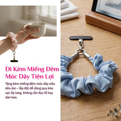 Dây Đeo Điện Thoại Vải Scrunchie Co Giãn Đa Năng Kèm Miếng Đệm Móc Chống Rơi Vỡ