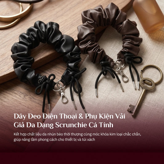 Dây Đeo Điện Thoại Giả Da Dạng Scrunchie Kết Hợp Móc Treo Túi Xách Thời Trang